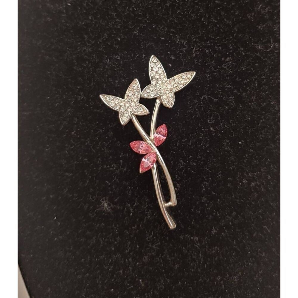 Vintage Women's White/Pink Rhinestone Silver Butterfly Flower Brooch Pin